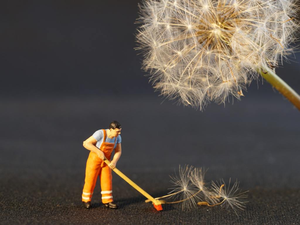 Tiny plastic figure of a man sweeping up dandelion seeds