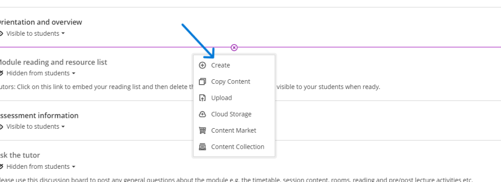 arrow pointing to menu item called create