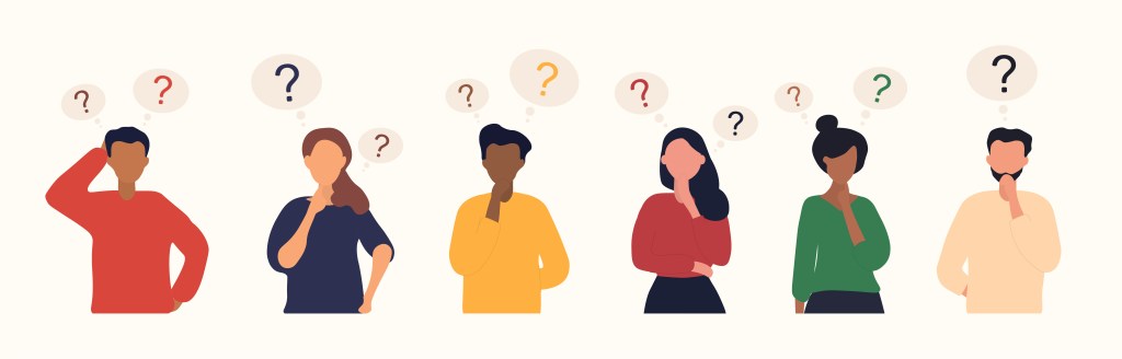 Collection of diverse thoughtful people. Six smart men and women thinking or solving problem. 