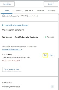 Example of an External assessor share with the expiry date showing, in the 'i' tab window. The 'Edit' button option is shown to the right of the assessor's email address.