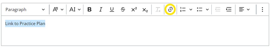 PebblePad text box with text highlighted 'Link to Practice Plan' and the 'link' icon (line and two semi circles either end) circled to show this option.