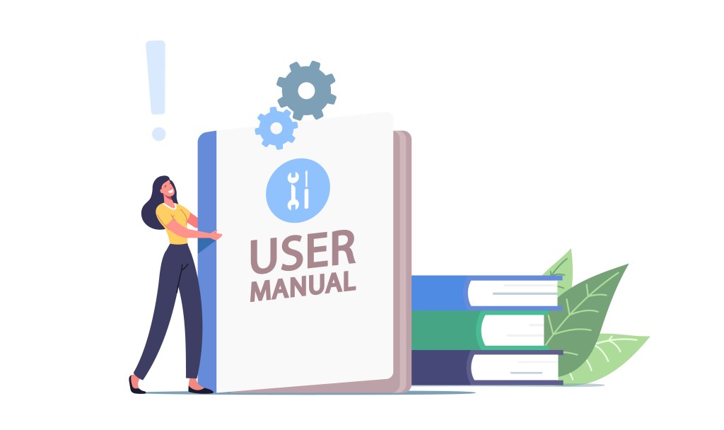 User Manual, Guide Book or Technical Instruction Concept. Tiny Female Character Carry Huge Handbook with Guidance and Tutorial for Users. Customer Support, Aid. Cartoon People Vector Illustration