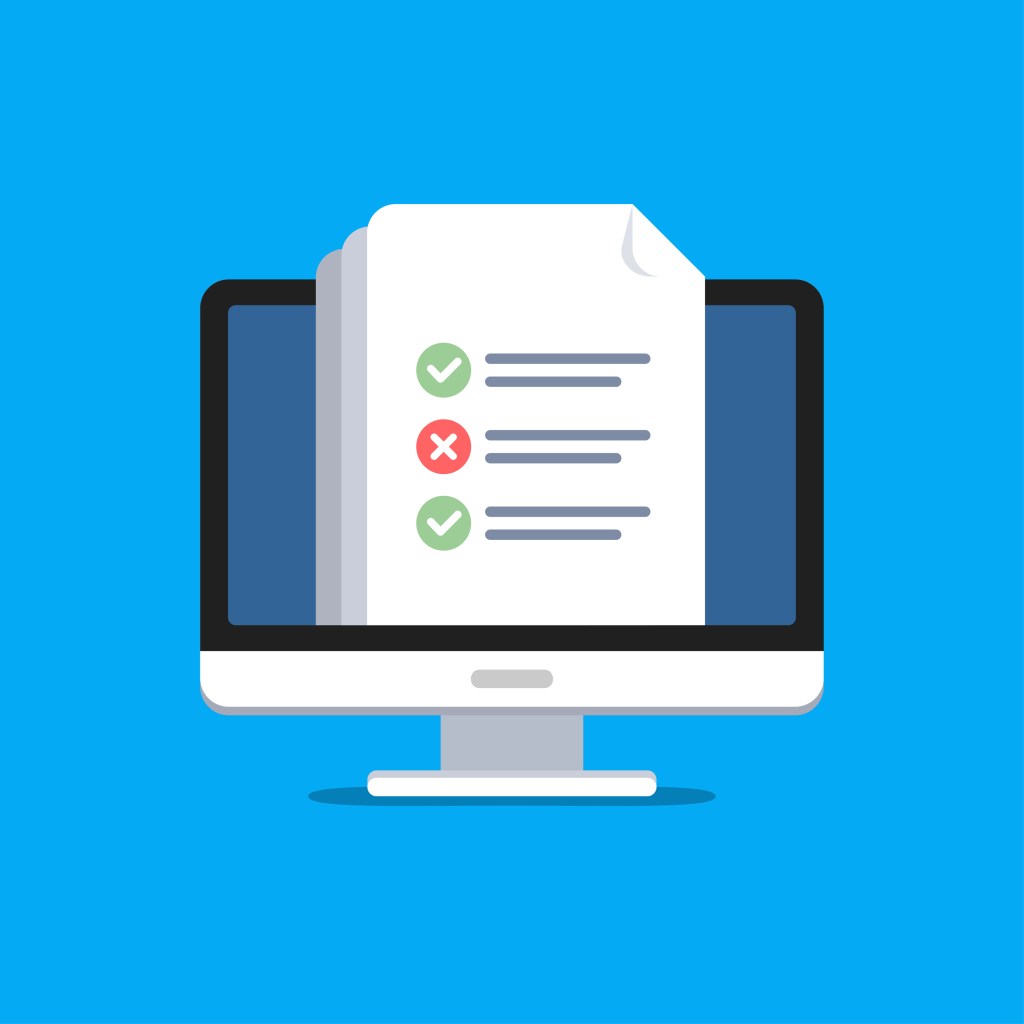 Document on a computer screen showing two ticks and one cross next to lines of text - like a multiple choice quiz