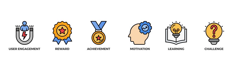 Icons for: user engagement, reward, achievement, motivation, learning and challenge.