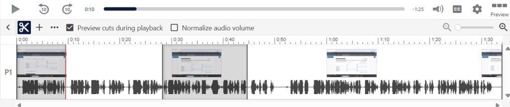 Screenshot of the video timeline with selections of cuts which need to be made.