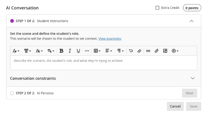 AI Conversation Step 1 of 2 for the Role Play option. 'Set the scene and define the student's role'.