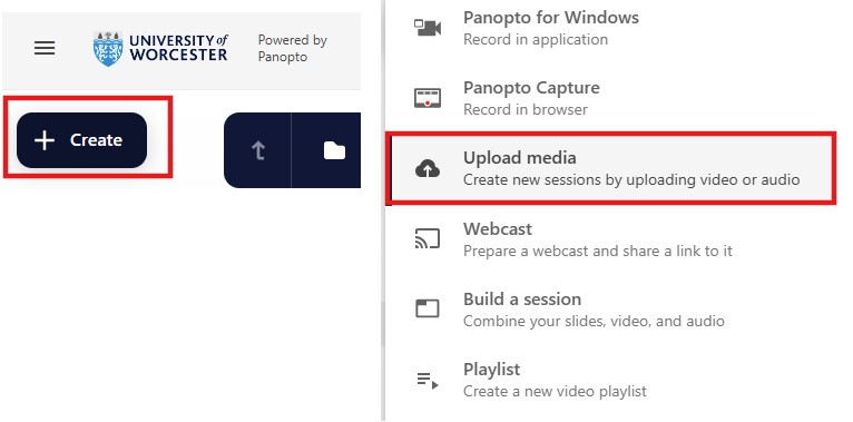 'Create' button shown on left and the 'Upload Media' option shown in the main menu on the right.