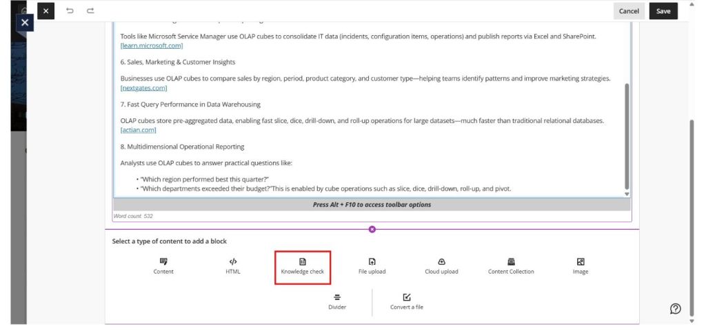 'Select a type of content to add a block' - 'Knowledge check' option highlighted.