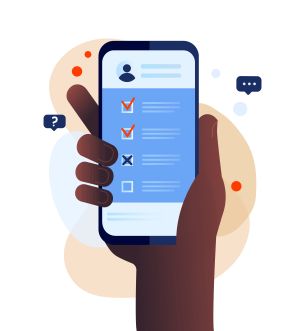 Hand holding mobile with tick boxes on screen