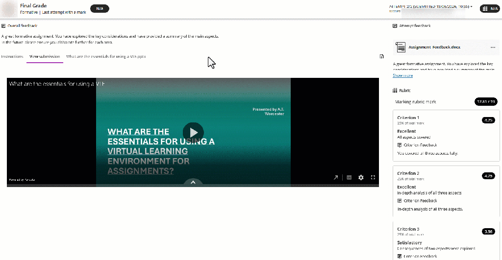 Gif of how to download a current view .pdf document - containing any comments or annotations which tutors have added directly to the document - using the larger download arrow in the tool bar.