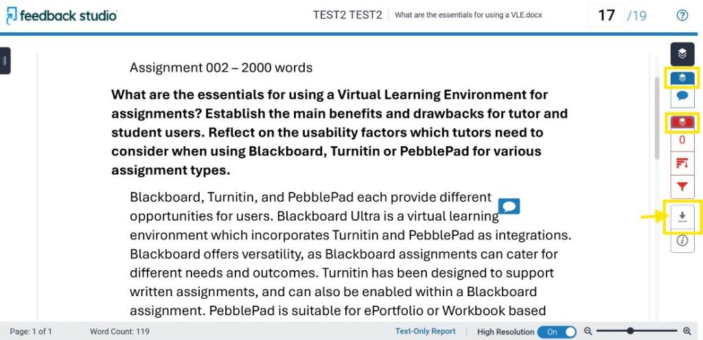 Example of an Assignment and the Feedback Studio layers activated - Red and Blue buttons in the panel on the right