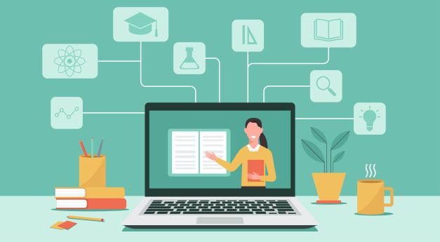 Decorative Image of a person presenting in a virtual meeting on a laptop screen. The laptop is located on a desk. Adobestock 351415256