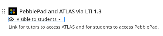 Image of 'PebblePad and ATLAS via LTI 1.3' Icon to be taken to PebblePad from Blackboard.