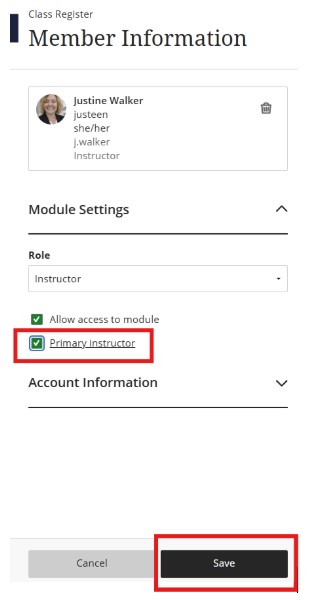 Image of 'Member Information' window, which includes module settings 'Allow access to module' and 'Primary Instructor' tick boxes.