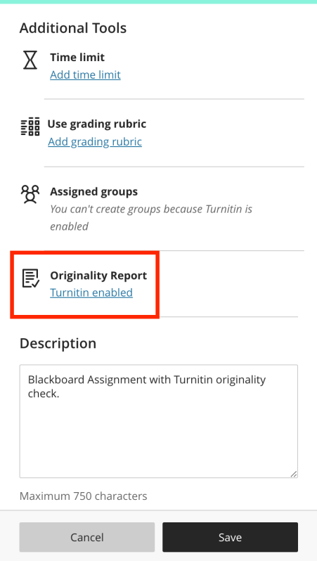 Image of 'Turnitin enabled' to show how this looks when turned on and the 'Save' button to apply the chosen Turnitin settings.