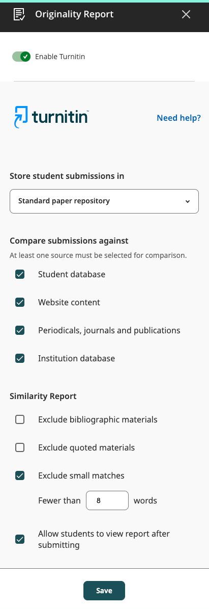 Originality Report Menu settings are shown - displaying the different tick box options which are available.